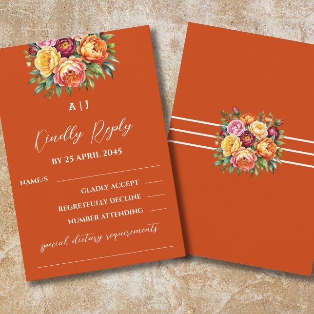 Terracotta Burgundy Peony Roses Floral Wedding  RSVP Card (Creator Uploaded)