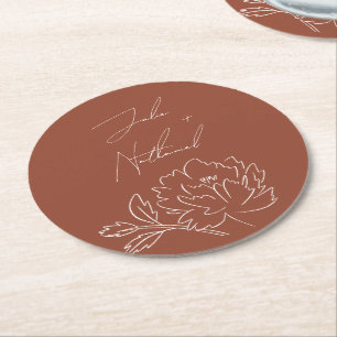 Terracotta Burnt Orange Boho Floral Wedding  Round Paper Coaster