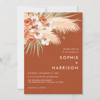 Terracotta Burnt Orange Boho Pampas Grass Wedding Invitation