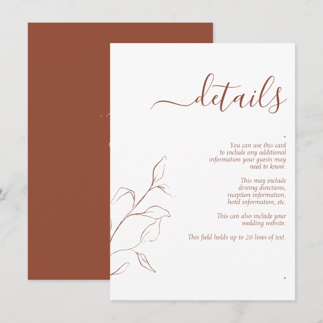 Terracotta Burnt Orange Botanical Wedding Details  Enclosure Card (Front/Back)