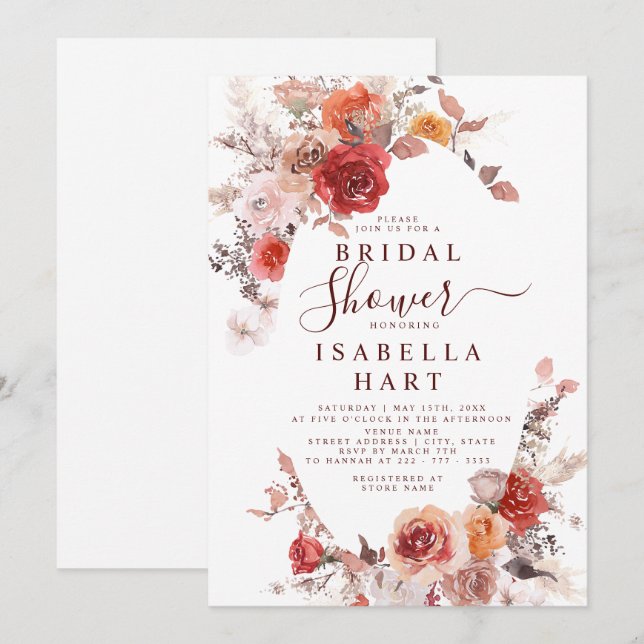 Terracotta Burnt Orange Burgundy Bridal Shower Invitation (Front/Back)
