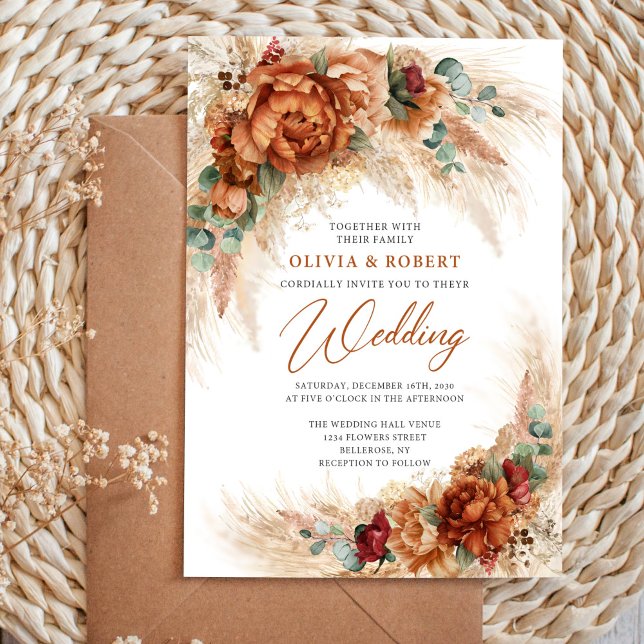 Terracotta burnt orange burgundy floral eucalyptus invitation (Creator Uploaded)