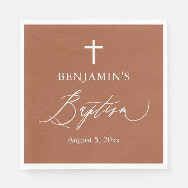 Terracotta Burnt Orange Cross Baptism Paper Napkin (Front)