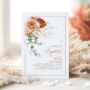 Terracotta Burnt Orange Eucalyptus Floral Baptism Invitation