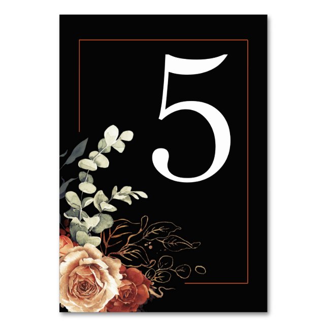 Terracotta Burnt Orange Floral Black Wedding Table Number (Front)