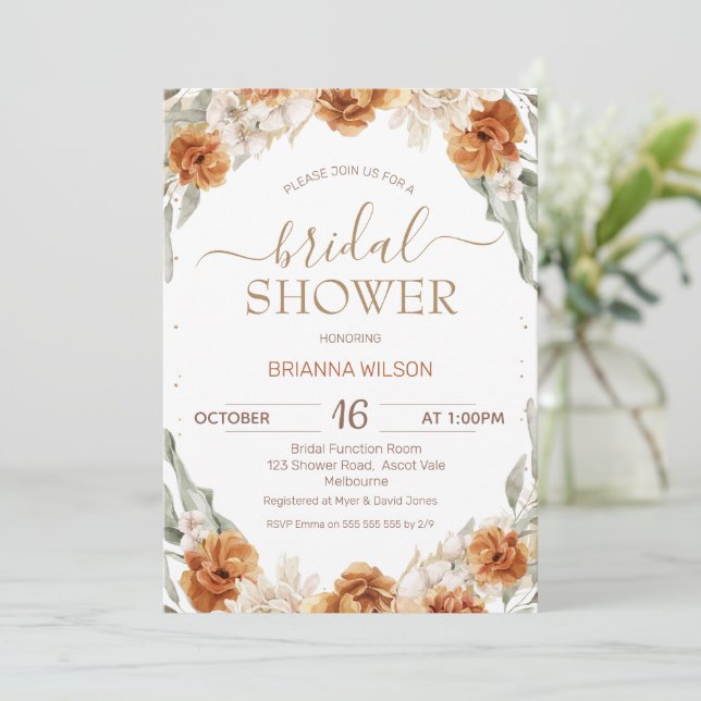 Terracotta Burnt Orange Floral Bridal Shower Invitation (Standing Front)