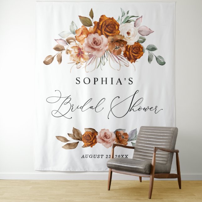 Terracotta Burnt Orange Floral Bridal Shower Tapestry (In Situ)
