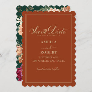 Terracotta burnt orange floral fall wedding save the date