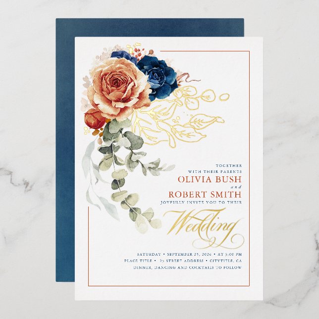 Terracotta Burnt Orange Floral Navy Blue Wedding (Front/Back)