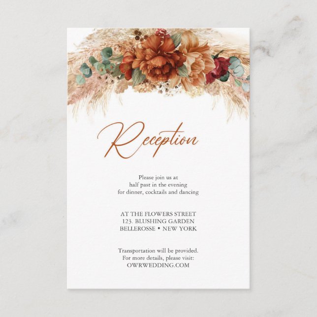 Terracotta burnt orange floral pampas reception enclosure card (Front)