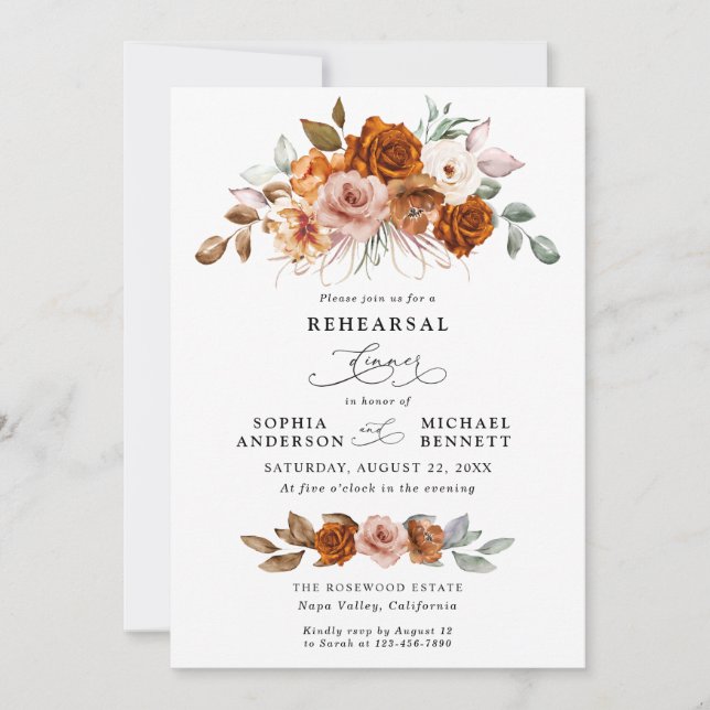 Terracotta Burnt Orange Floral Rehearsal Dinner Invitation (Front)