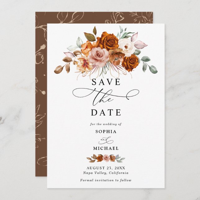Terracotta Burnt Orange Floral Save The Date  Invitation (Front/Back)