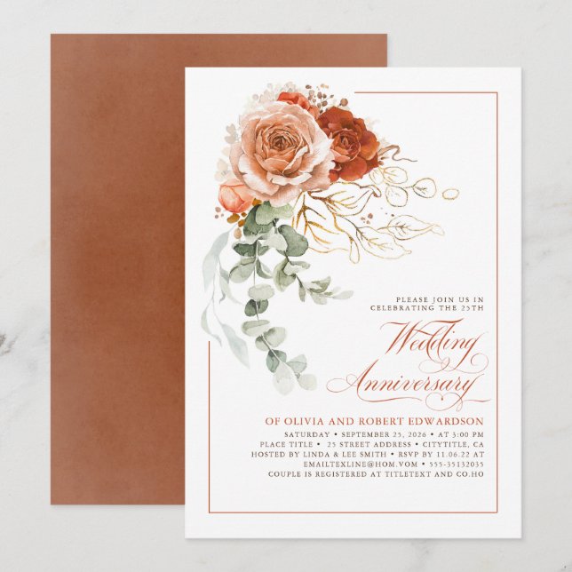 Terracotta Burnt Orange Floral Wedding Anniversary Invitation (Front/Back)
