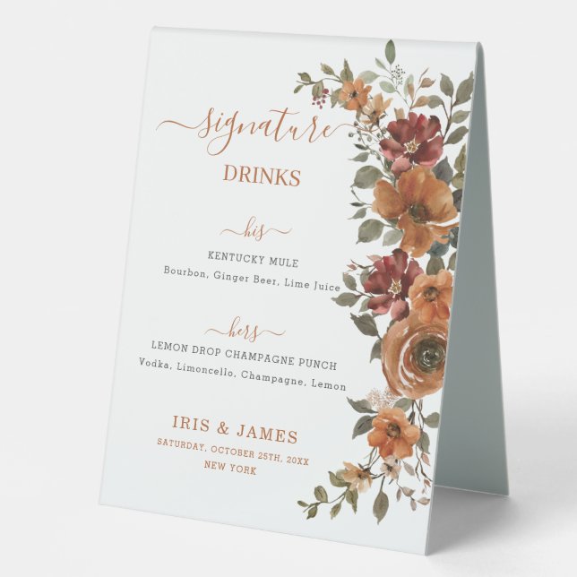 Terracotta Burnt Orange Floral Wedding Drinks Menu (Front)