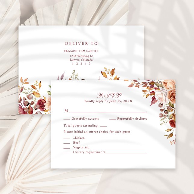 Terracotta Burnt Orange Floral Wedding RSVP Card (Terracotta Burnt Orange Floral Wedding RSVP Card on a sunny white boho table.)