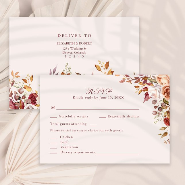 Terracotta Burnt Orange Floral Wedding RSVP Card (Terracotta Burnt Orange Floral Wedding RSVP Card on a sunny neutral dry palm leaf.)