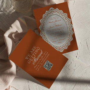 Terracotta Burnt Orange Lace Doily QR Code Wedding Invitation