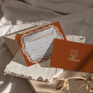 Terracotta Burnt Orange Lace Fancy Retro Wedding RSVP Card