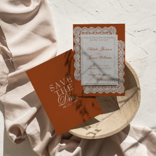 Terracotta Burnt Orange Lace Old Money Wedding Save The Date