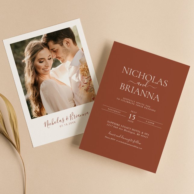 Terracotta Burnt Orange Minimalist Wedding Photo Invitation (Creator Uploaded)