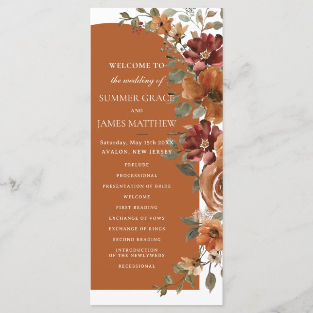 Terracotta Burnt Orange Rust Floral Arch Wedding Programme (Front)