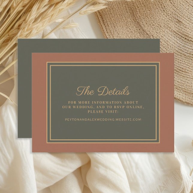 Terracotta Burnt Orange Sage Green Wedding Details Enclosure Card (Terracotta/burnt orange and dark olive/sage green wedding details card)