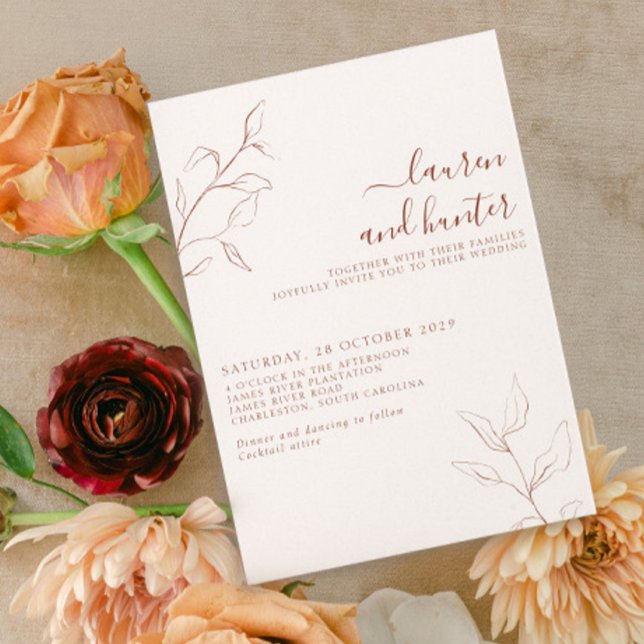 Terracotta Burnt Orange Script Botanical Wedding Invitation (Creator Uploaded)