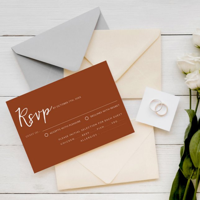 Terracotta Burnt Orange Script Meal Choice Wedding RSVP Card (Creator Uploaded)