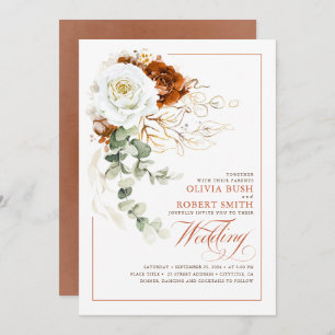 Terracotta Burnt Orange & White Floral Wedding Invitation