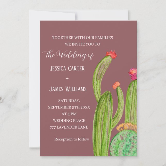 Terracotta Cactus Desert Mexico Watercolor Wedding Invitation (Front)