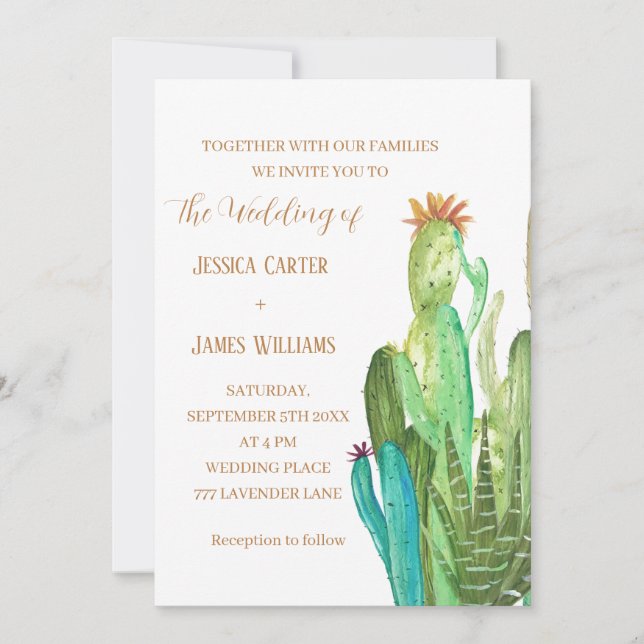 Terracotta Cactus Desert Mexico Watercolor Wedding Invitation (Front)
