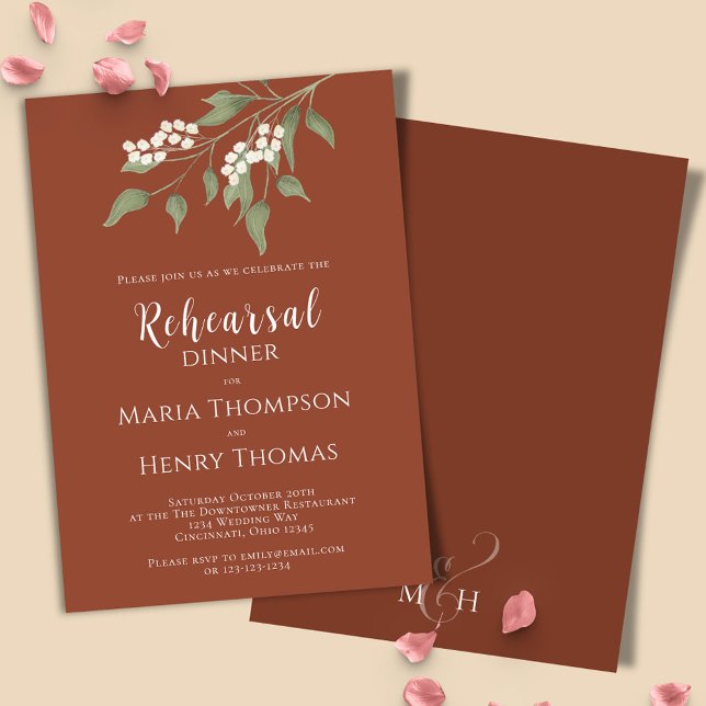 Terracotta Calligraphy Ampersand Greenery Floral  Invitation (Terracotta floral greenery rehearsal dinner invitation with white floral accents. )