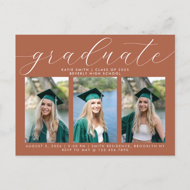 Terracotta Calligraphy Minimal Graduation 3 Photo Invitation Postcard (Front)