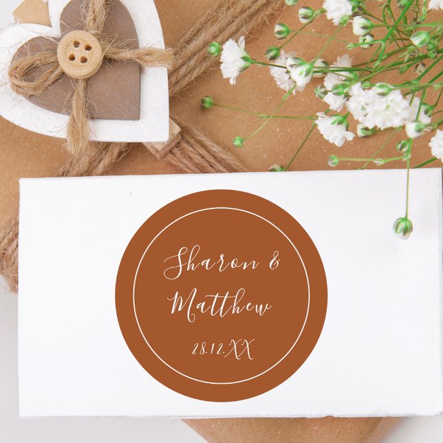Terracotta Calligraphy Script Wedding Gift Favour Classic Round Sticker (Calligraphy script wedding sticker brings warm terracotta beauty to celebration favors.)