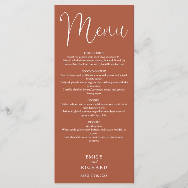 Terracotta Calligraphy Script Wedding Menu (Front)