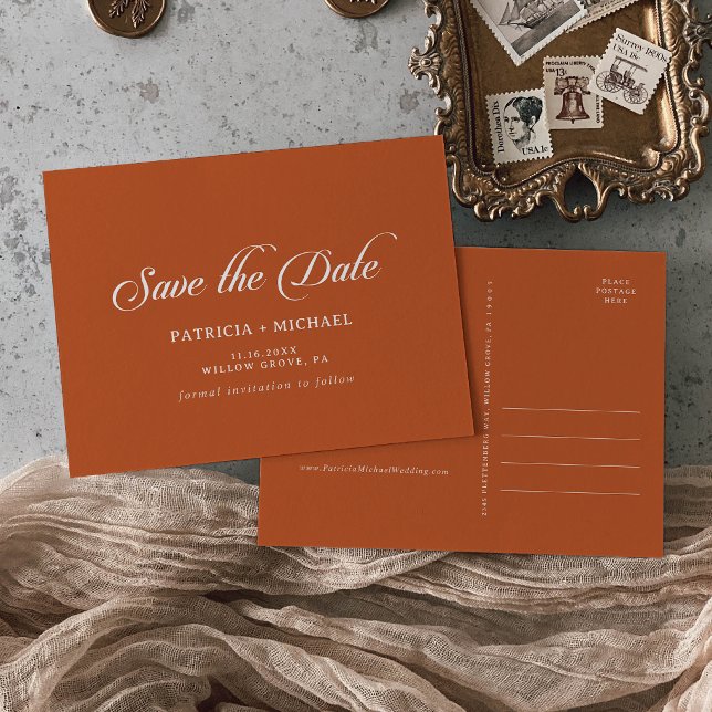 Terracotta Calligraphy Wedding Save the Date Invitation Postcard (Creator Uploaded)