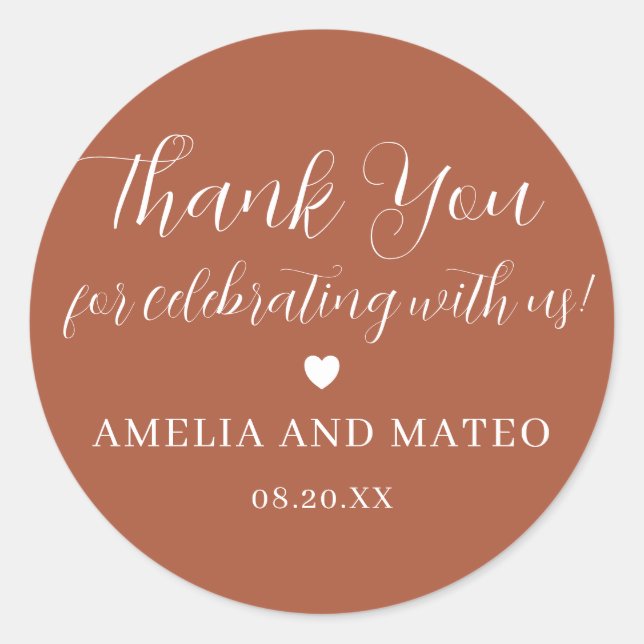 Terracotta Calligraphy Wedding Thank You Favour Classic Round Sticker (Front)