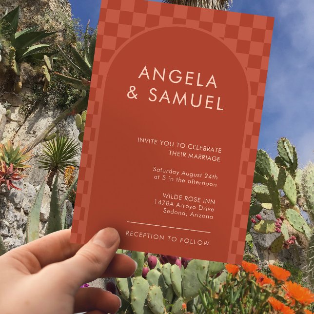 Terracotta Checkered Modern Wedding Invitation (Creator Uploaded)