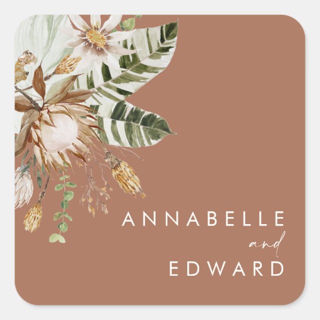 Terracotta chic bohemian botanical modern elegant square sticker (Front)