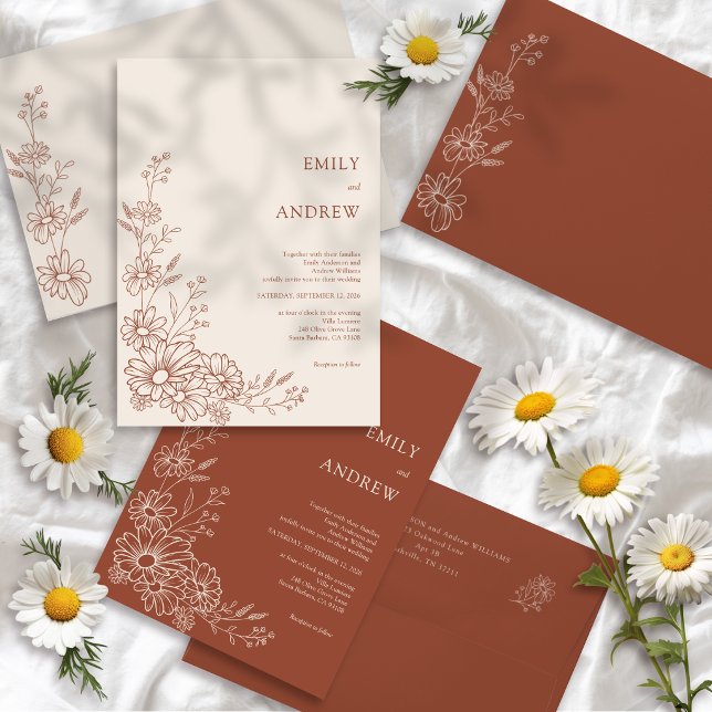 Terracotta Chic Botanical Daisy Garden Wedding Invitation (Creator Uploaded)