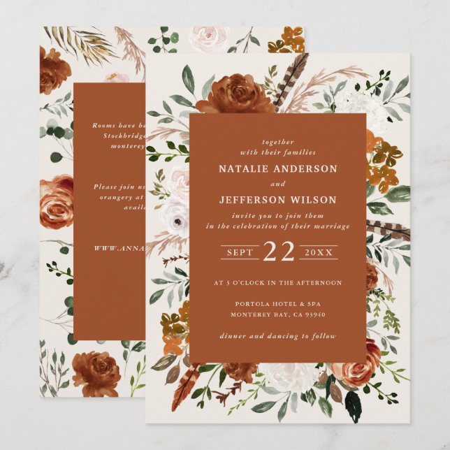 Terracotta chic floral elegant wedding details QR Invitation (Front/Back)