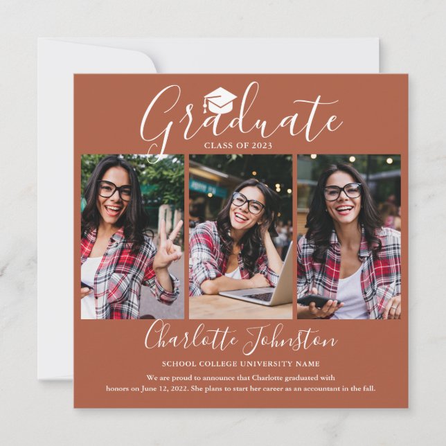 Terracotta Chic Script Graduate 4 Photo Graduation Announcement (Front)