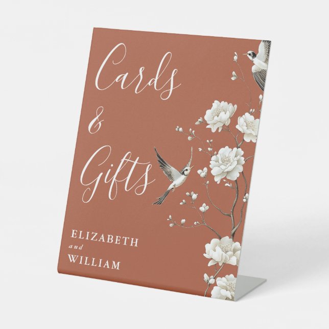 Terracotta Chinoiserie Cards And Gifts Wedding Pedestal Sign (Front)