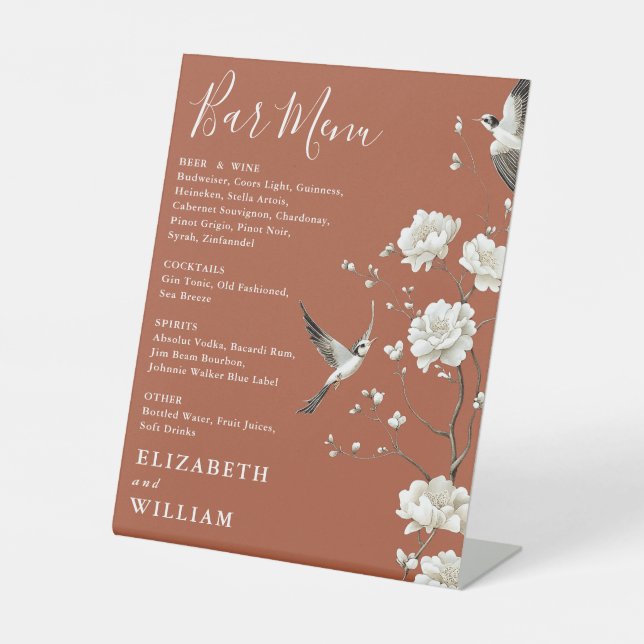 Terracotta Chinoiserie Floral Bar Menu Wedding Pedestal Sign (Front)