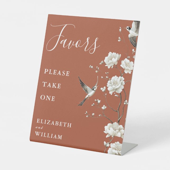 Terracotta Chinoiserie Floral Favours Wedding Pedestal Sign (Front)