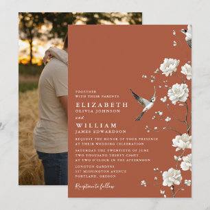 Terracotta Chinoiserie Floral Garden Wedding Photo Invitation