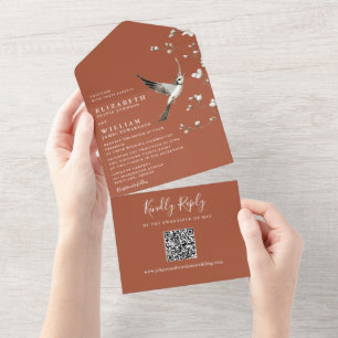 Terracotta Chinoiserie Floral QR Code Wedding All In One Invitation