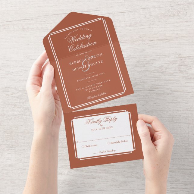 Terracotta Classic Deco Monogram Wedding All In One Invitation (Tearaway)