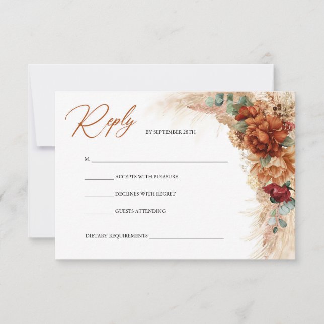 Terracotta copper burgundy floral pampas grass RSVP card (Front)