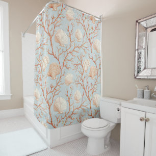 Terracotta Coral Seashell Powder Blue Ocean Shower Curtain